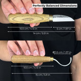 2-piece wood carving knife set with whittling and hook knives, ash wood handles, and leather sheath