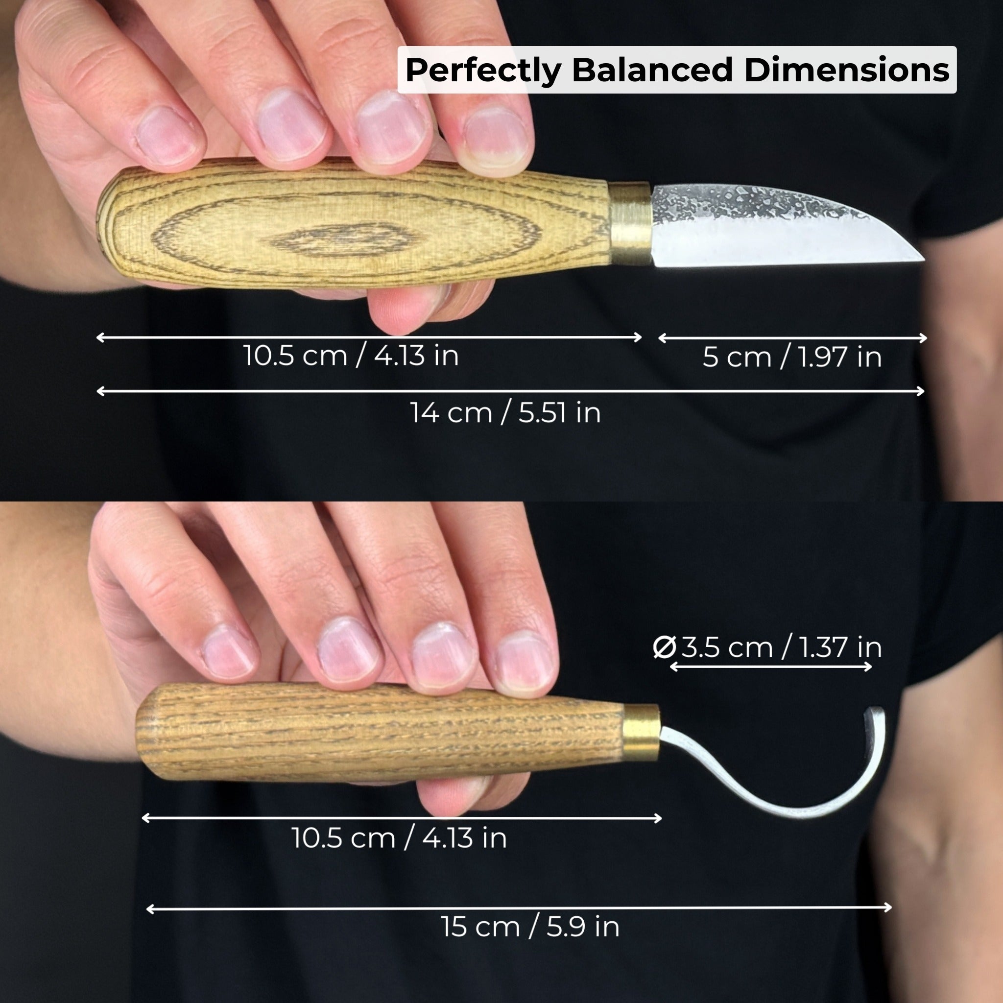 2-piece wood carving knife set with whittling and hook knives, ash wood handles, and leather sheath