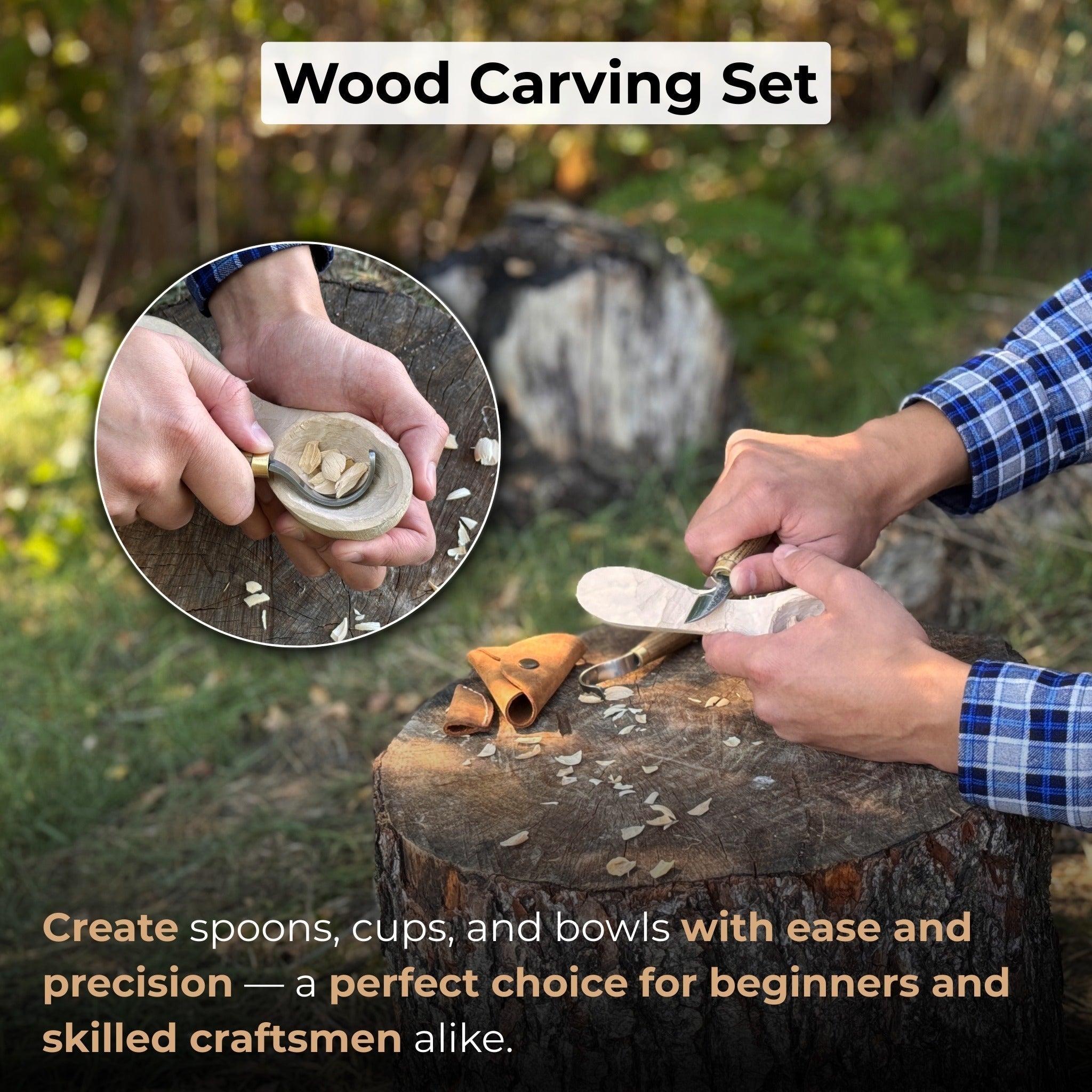 2-piece wood carving knife set with whittling and hook knives, ash wood handles, and leather sheath