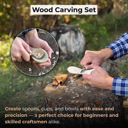 2-piece wood carving knife set with whittling and hook knives, ash wood handles, and leather sheath