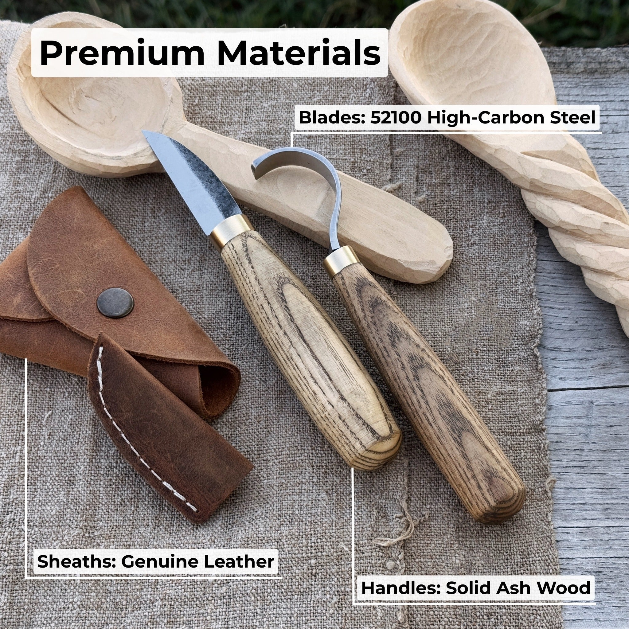2-piece wood carving knife set with whittling and hook knives, ash wood handles, and leather sheath