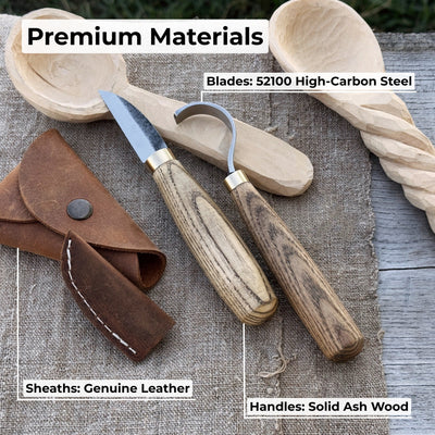 2-piece wood carving knife set with whittling and hook knives, ash wood handles, and leather sheath