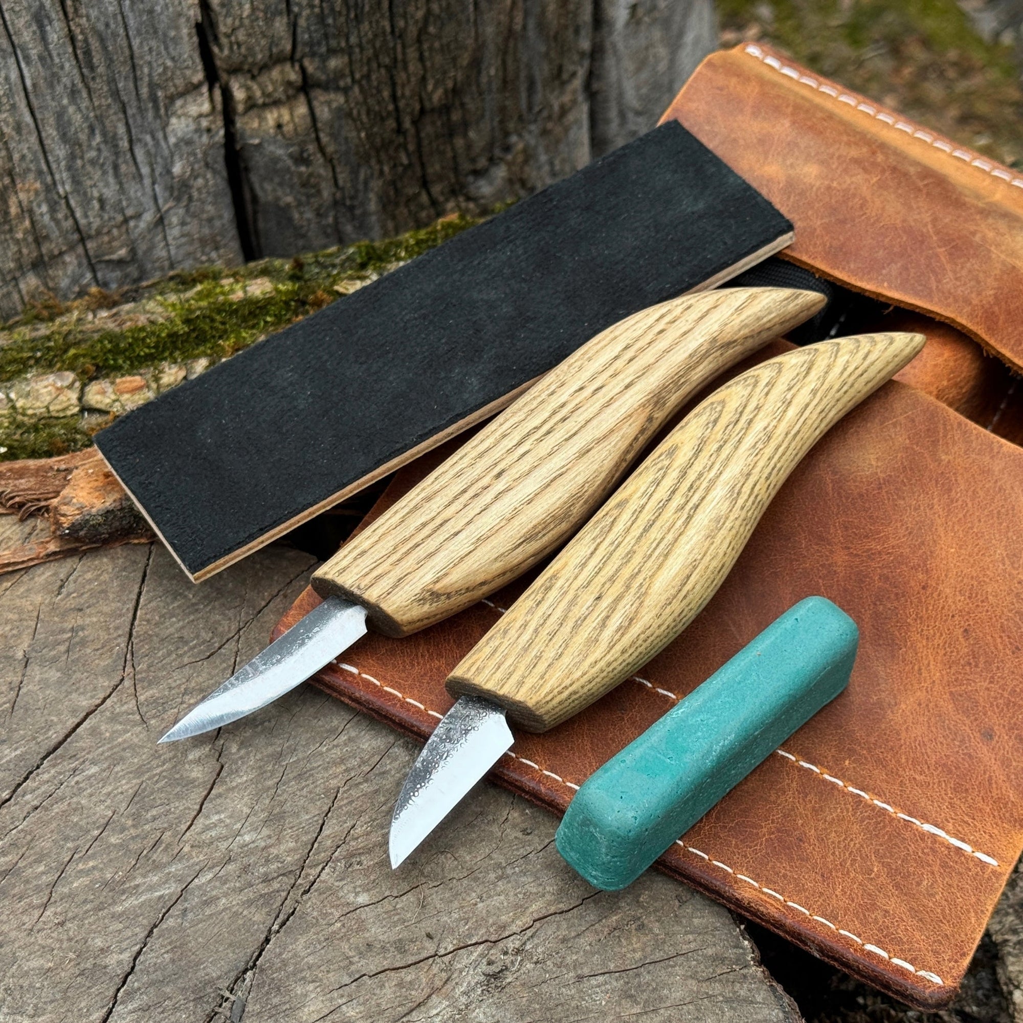 2-piece wood carving knife set with leather strop and leather case by Sharky Forged Steel Tools