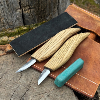 2-piece wood carving knife set with leather strop and leather case by Sharky Forged Steel Tools