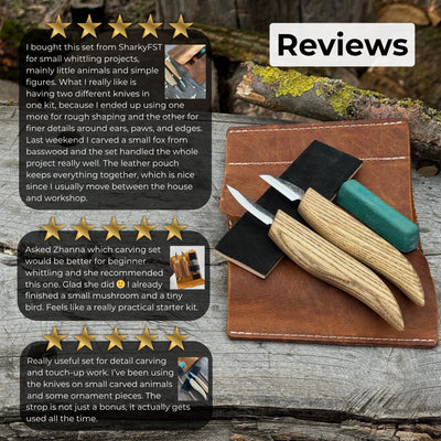 2-piece wood carving knife set with leather strop and leather case by Sharky Forged Steel Tools