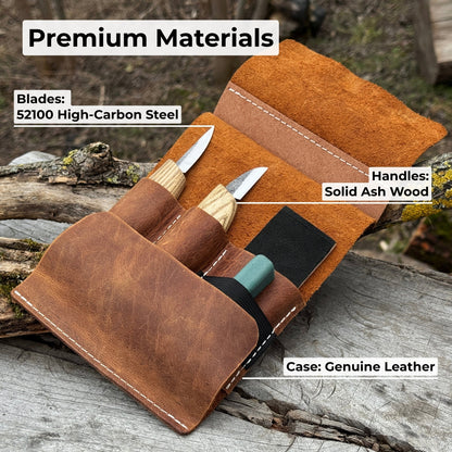 2-piece wood carving knife set with leather strop and leather case by Sharky Forged Steel Tools
