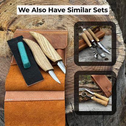 2-piece wood carving knife set with leather strop and leather case by Sharky Forged Steel Tools