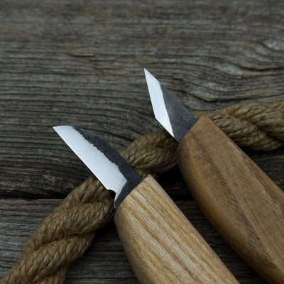 2-piece wood carving knife set with leather strop by Sharky Forged Steel Tools showing ash wood handles and high-carbon steel blades