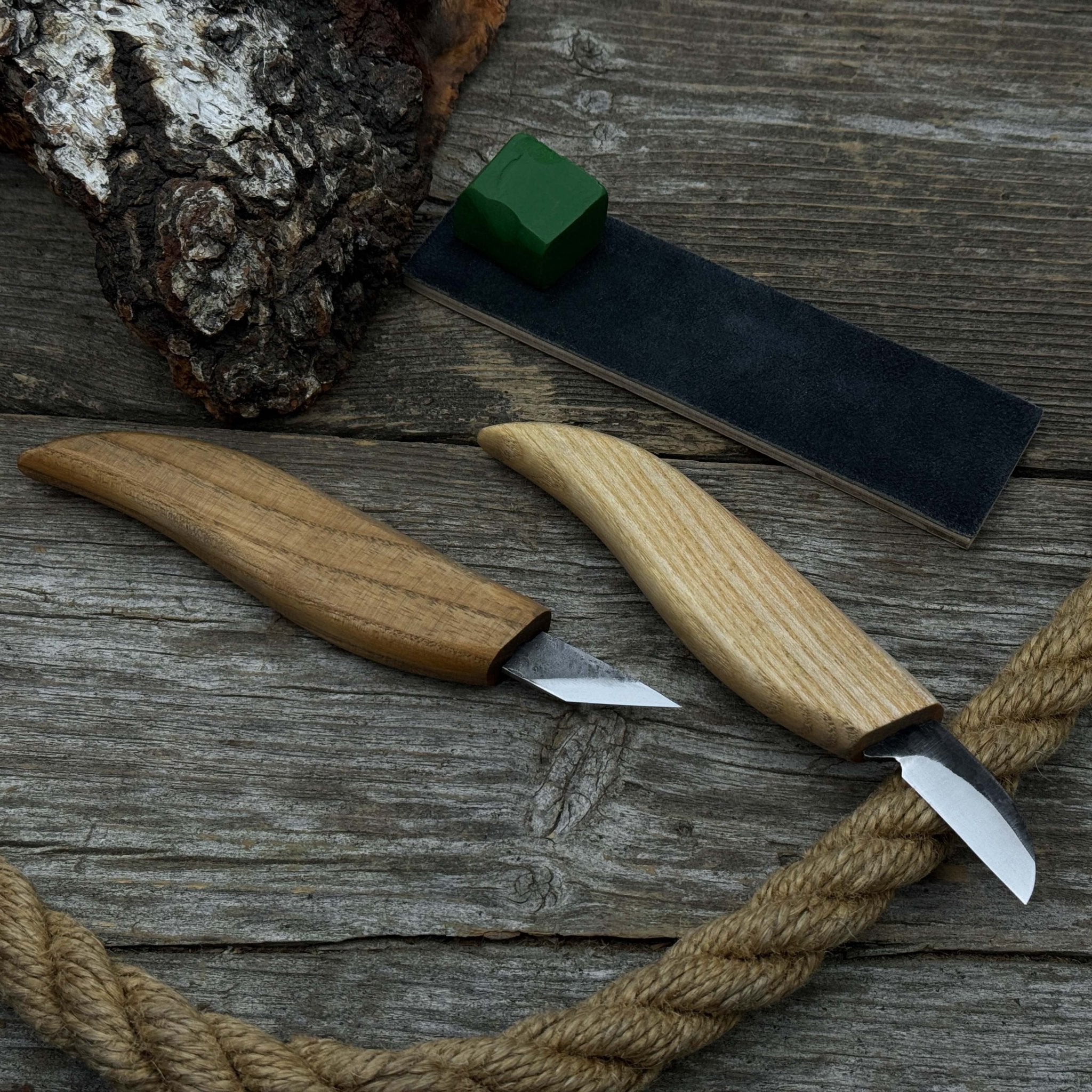 2-piece wood carving knife set with leather strop by Sharky Forged Steel Tools showing ash wood handles and high-carbon steel blades