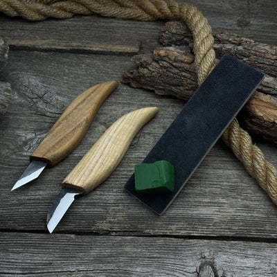 2-piece wood carving knife set with leather strop by Sharky Forged Steel Tools showing ash wood handles and high-carbon steel blades