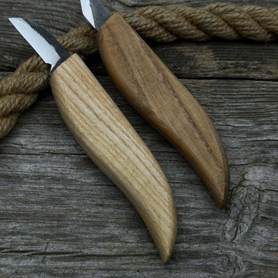 2-piece wood carving knife set with leather strop by Sharky Forged Steel Tools showing ash wood handles and high-carbon steel blades