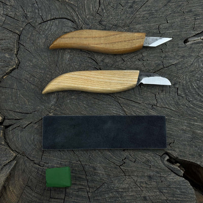 2-piece wood carving knife set with leather strop by Sharky Forged Steel Tools showing ash wood handles and high-carbon steel blades