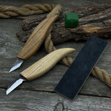 2-piece wood carving knife set with leather strop by Sharky Forged Steel Tools showing ash wood handles and high-carbon steel blades