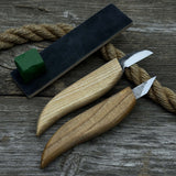 2-piece wood carving knife set with leather strop by Sharky Forged Steel Tools showing ash wood handles and high-carbon steel blades