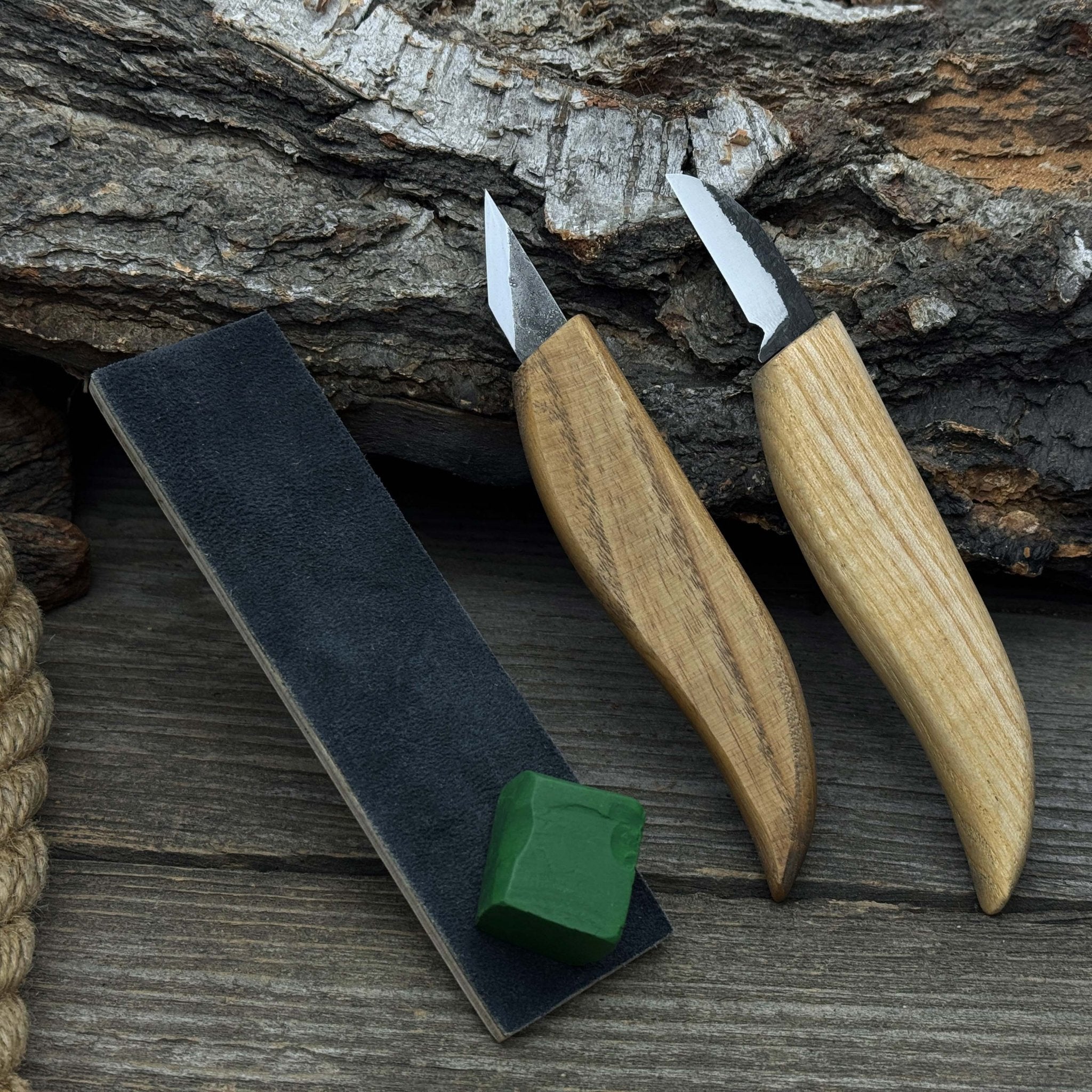 2-piece wood carving knife set with leather strop by Sharky Forged Steel Tools showing ash wood handles and high-carbon steel blades