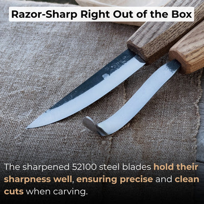 2-piece wooden spoon carving set with hook knife, sloyd knife, and leather sheath