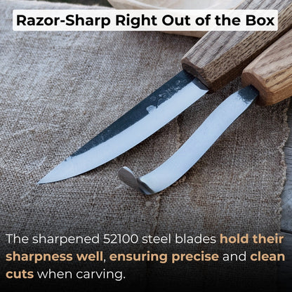 2-piece wooden spoon carving set with hook knife, sloyd knife, and leather sheath