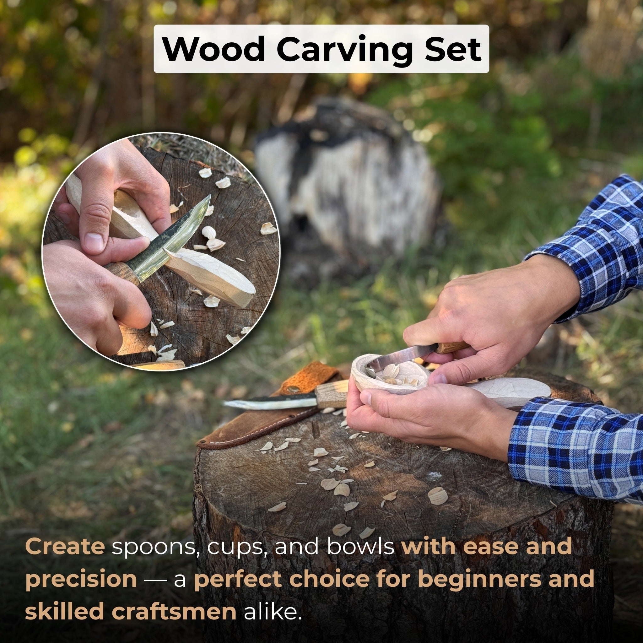 2-piece wooden spoon carving set with hook knife, sloyd knife, and leather sheath