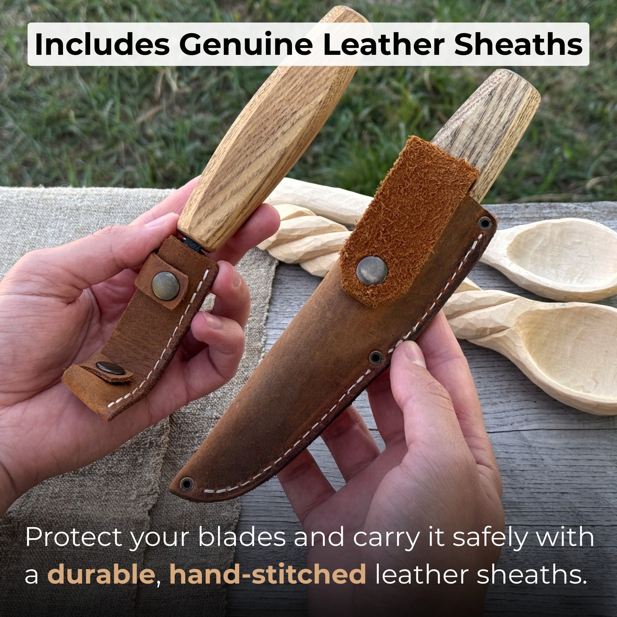 2-piece wooden spoon carving set with hook knife, sloyd knife, and leather sheath