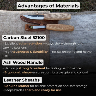 2-piece wooden spoon carving set with hook knife, sloyd knife, and leather sheath