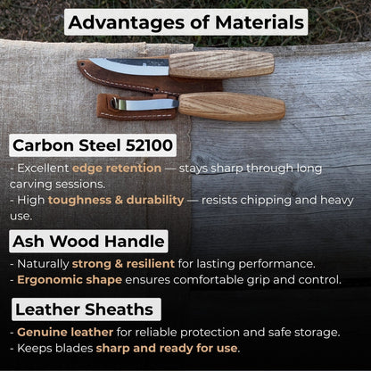 2-piece wooden spoon carving set with hook knife, sloyd knife, and leather sheath