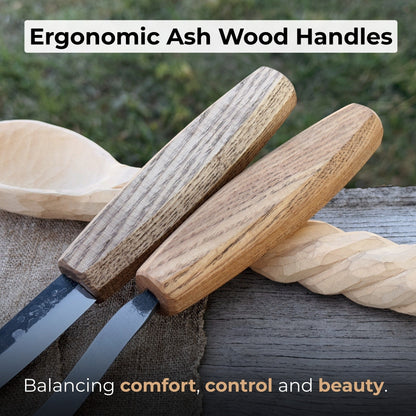 2-piece wooden spoon carving set with hook knife, sloyd knife, and leather sheath