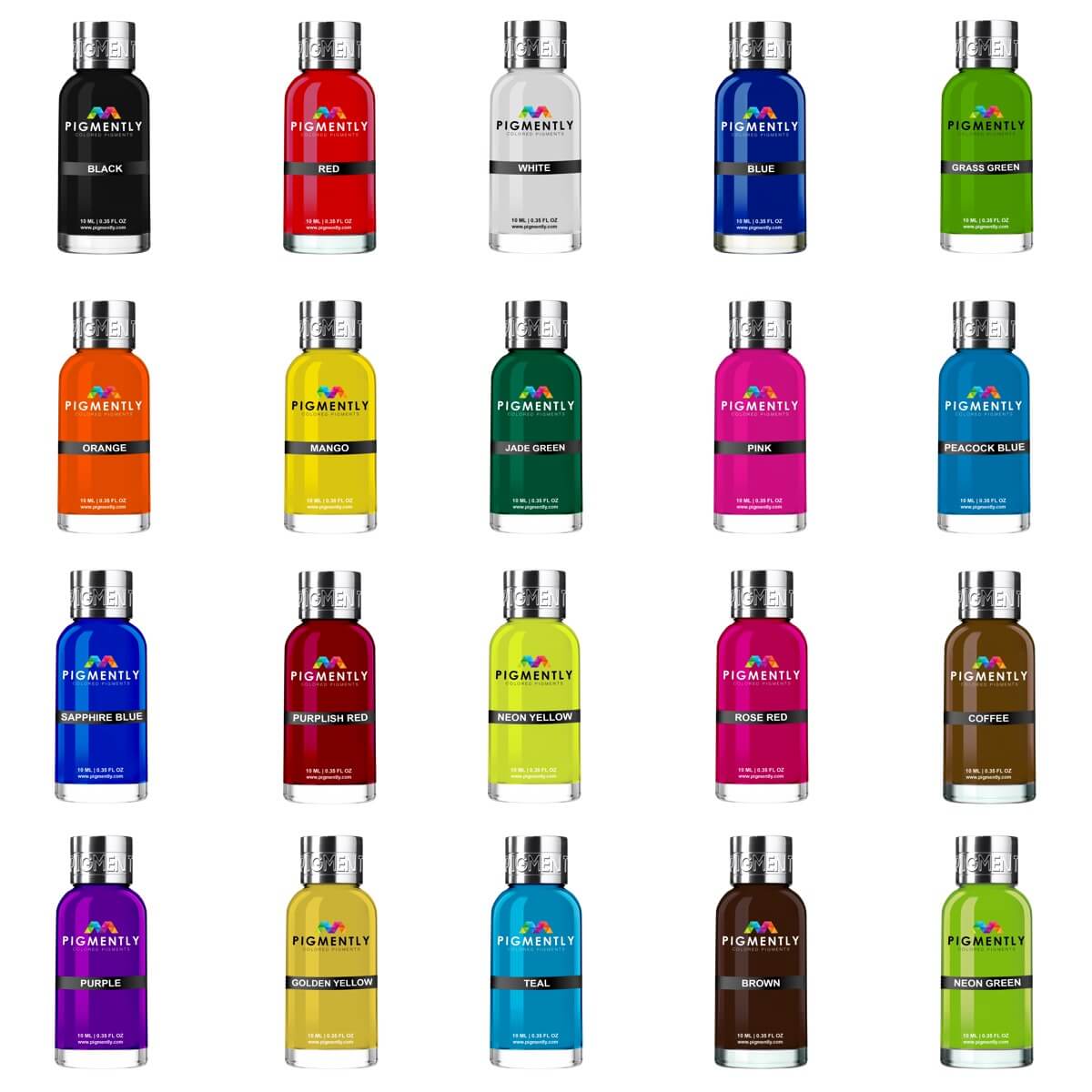 20 bottles of vibrant liquid epoxy resin dyes in various colors