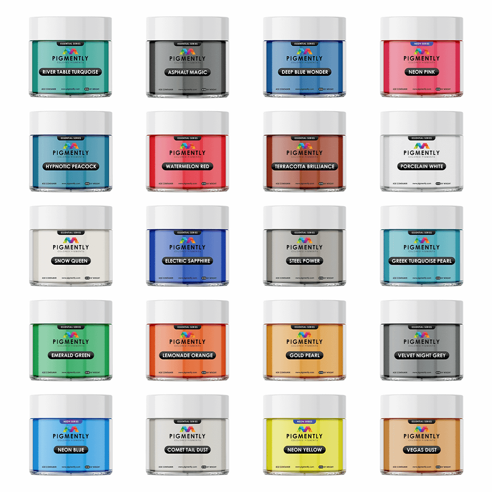 Assorted jars of Pigmentely paint in various colors on a white background
