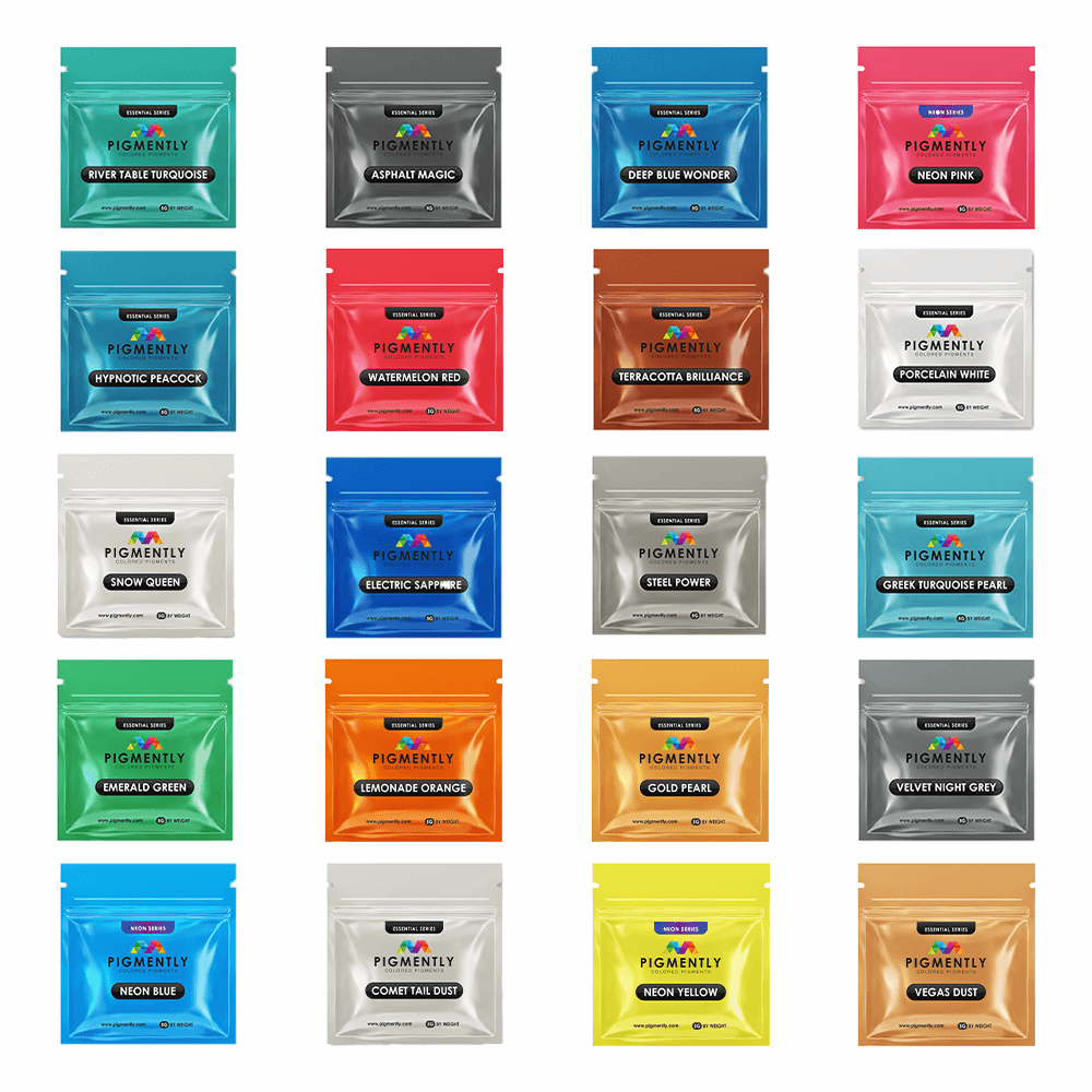 Assorted packets of Pigmently colorants in various colors on a white background