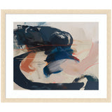 Abstract painting with bold dark blue and soft peach brushstrokes blending and swirling on a light beige background in a light wood frame