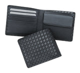 Black bifold wallet with a textured checkered pattern on the exterior and smooth black leather interior featuring card slots and a coin pouch.