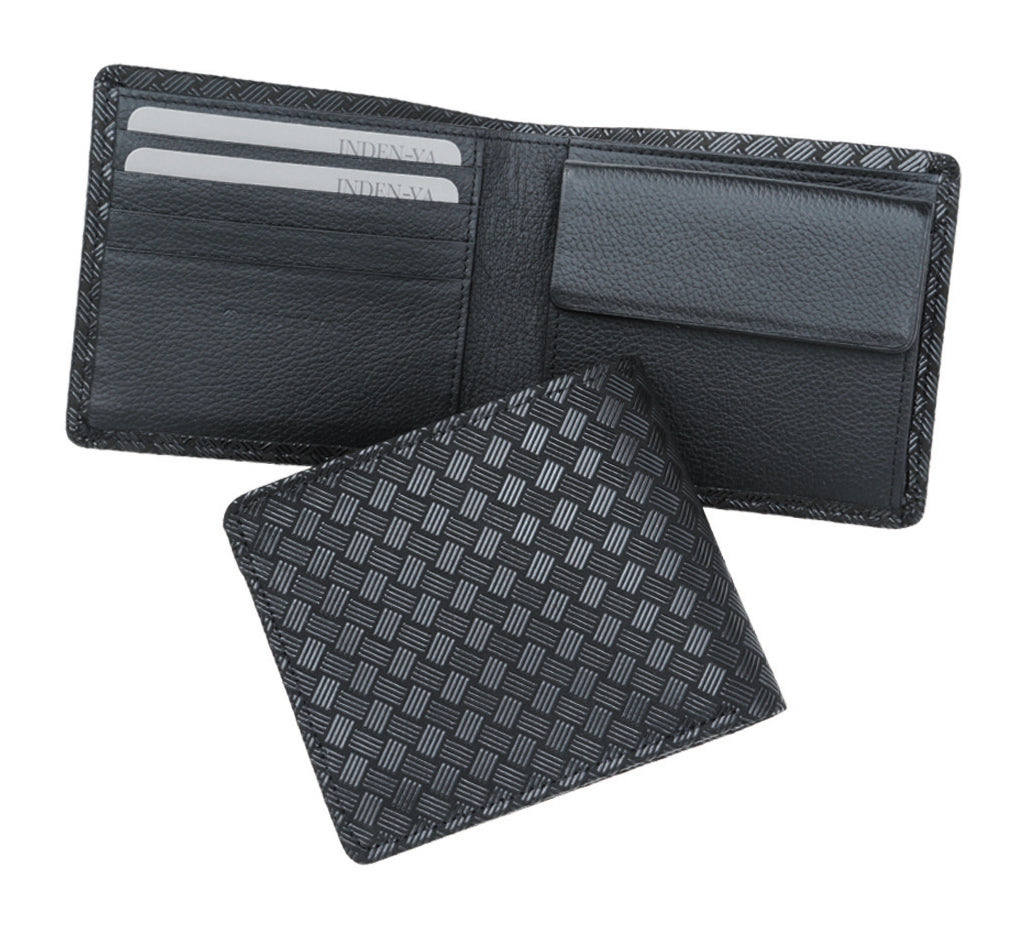 Black bifold wallet with a textured checkered pattern on the exterior and smooth black leather interior featuring card slots and a coin pouch.