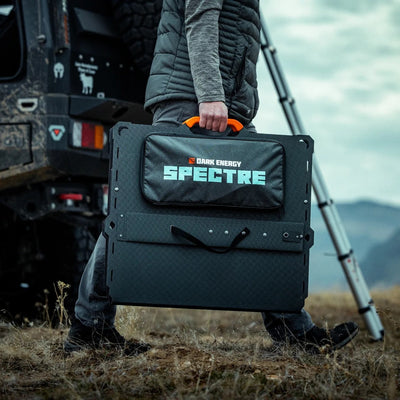 Spectre 200W foldable solar panel folded and unfolded views on a white background