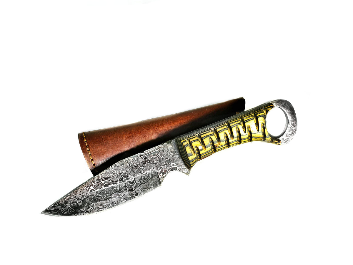 Damascus Steel Fixed Blade EDC TD-228 knife with diamond wood handle and leather sheath