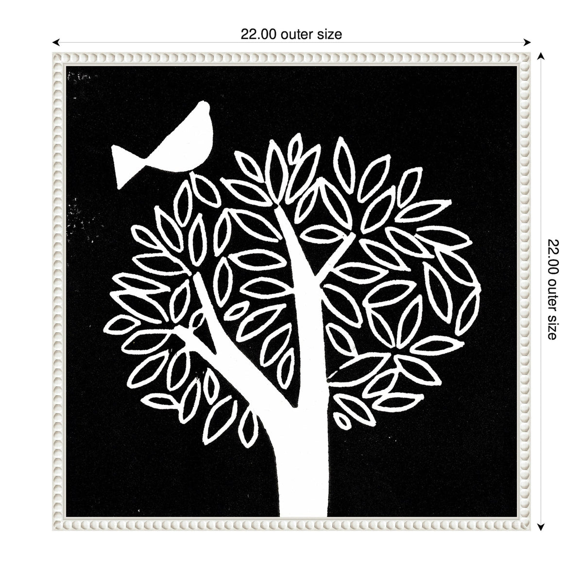 Black and white linocut canvas featuring a tree with rounded leaves and a stylized bird perched near its branches, framed with a beaded white border.