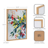 Framed botanical abstract print with jewel-tone leaves and red and pink flowers in a natural oak wood frame with minimalist gallery profile.