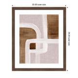 Abstract framed artwork with overlapping white and beige rhythmic lines on a textured brown and light mauve background, sized 22 by 26 inches.