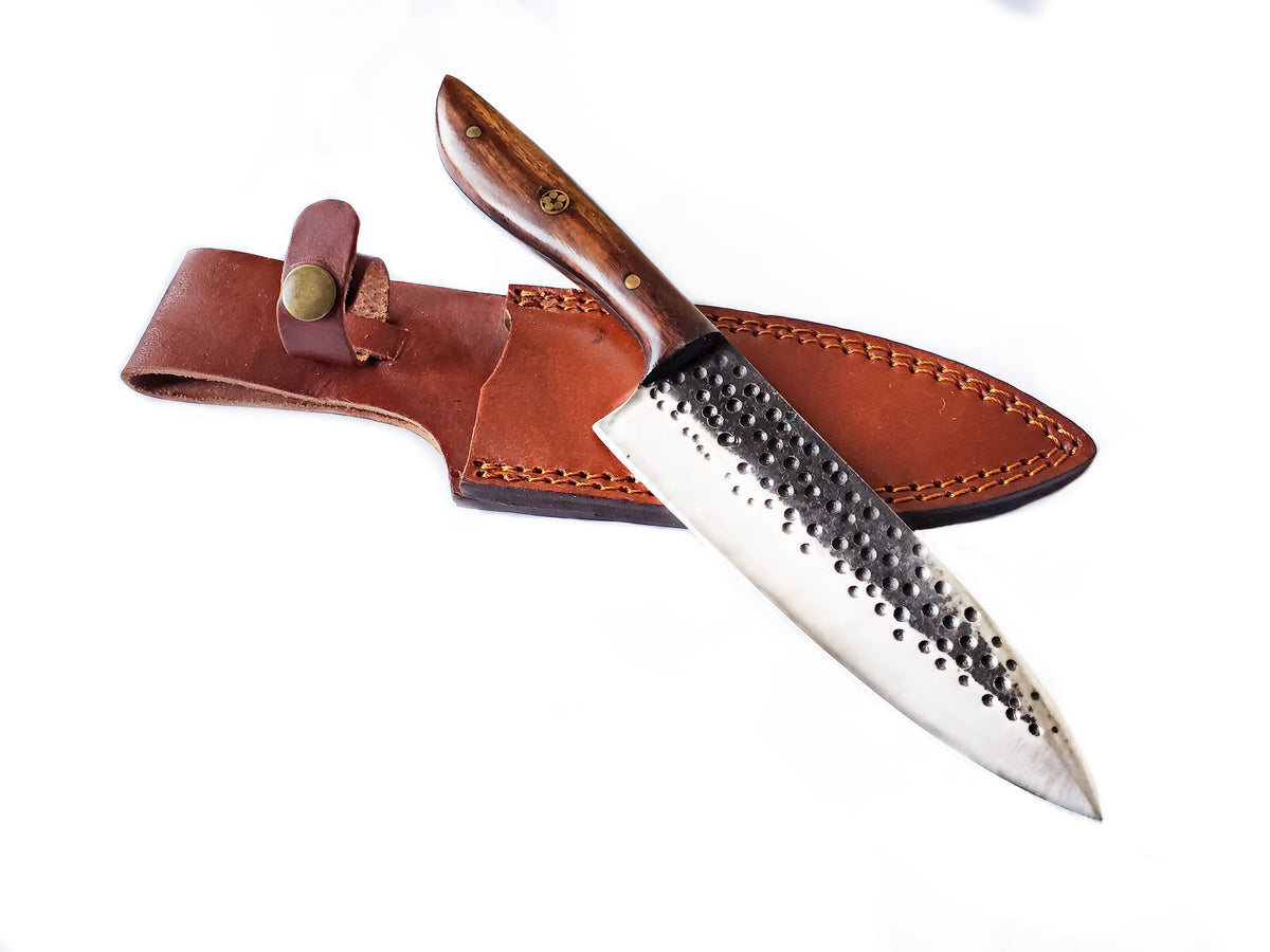 Carbon Steel Cheff Knife by Titan International TC-35 with wooden handle and leather sheath