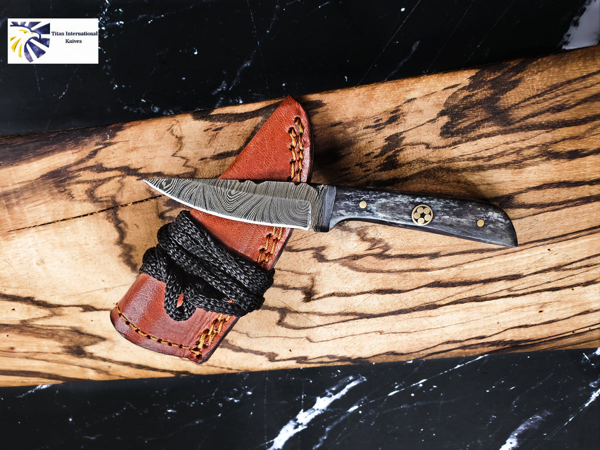 Hand forged Damascus Knife Neck Knife TD-233 with dyed bone handle and leather sheath