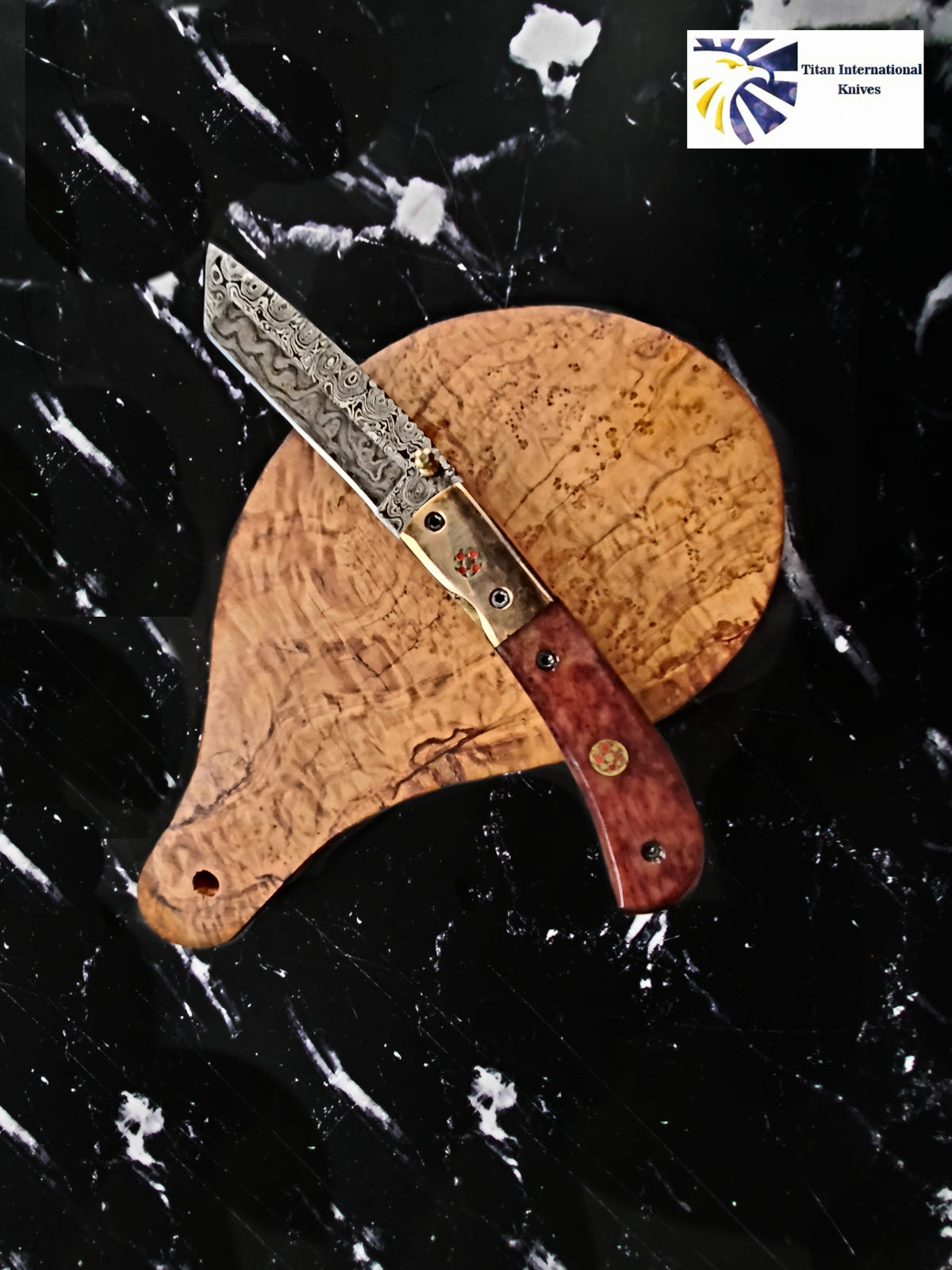 Damascus Steel Folding Knife with Tanto Blade, Dyed Bone Handle, and Copper Bolster by Titan International K