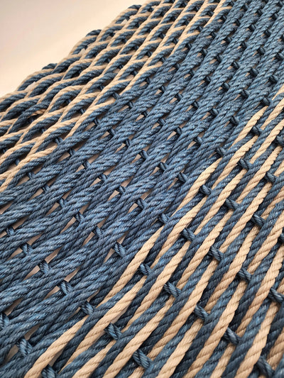 Large navy blue and tan lobster rope mat with double basket weave