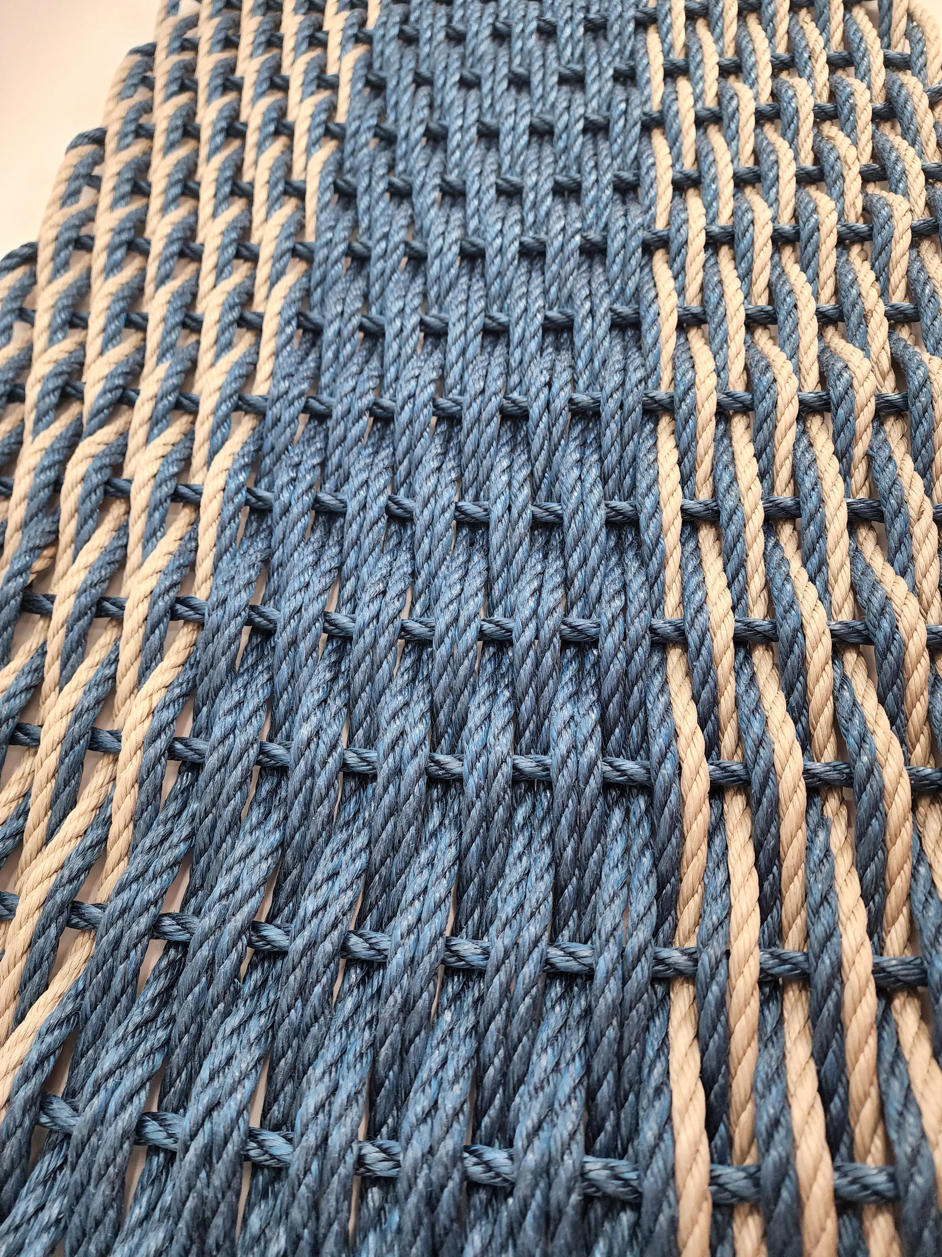 Large navy blue and tan lobster rope mat with double basket weave