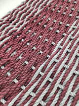 Large burgundy red and light gray lobster rope mat with double weave basket pattern