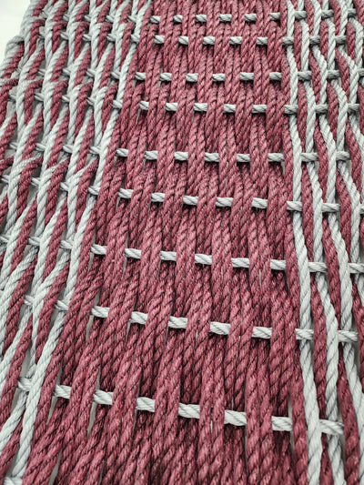 Large burgundy red and light gray lobster rope mat with double weave basket pattern