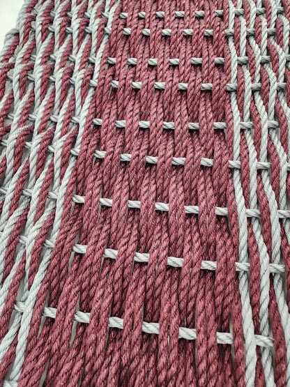 Large burgundy red and light gray lobster rope mat with double weave basket pattern
