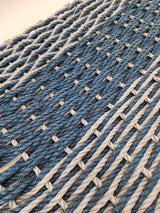 Large navy blue and light gray lobster rope mat with double basket weave pattern