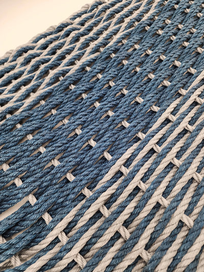 Large navy blue and light gray lobster rope mat with double basket weave pattern