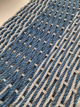 Large navy blue and light gray lobster rope mat with double basket weave pattern