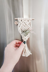 Hand holding a small cream-colored knotted macrame air plant hanger with a wooden dowel and a green air plant inside, against a light metallic background.