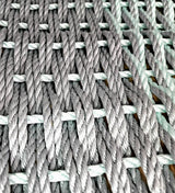 Large double weave lobster rope mat in light gray and seafoam colors